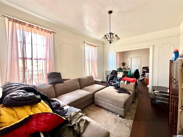 living room featuring an inviting chandelier