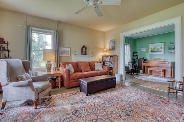 living room with ceiling fan