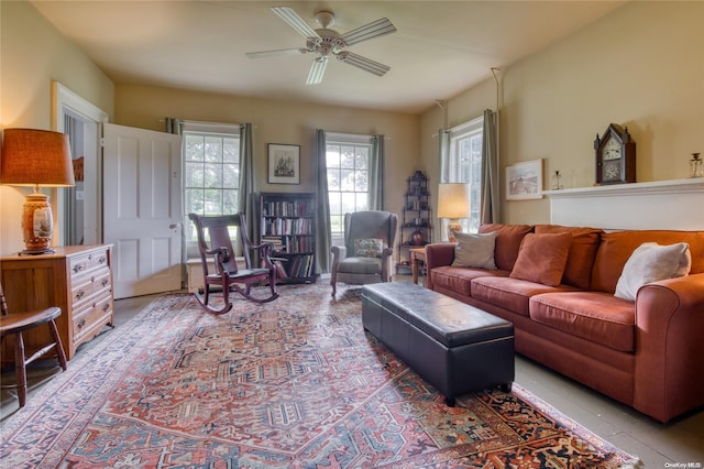 living room with ceiling fan