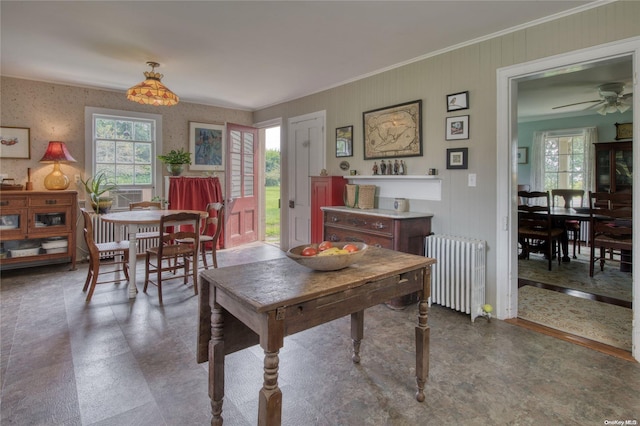 dining area with radiator, ceiling fan, and ornamental molding