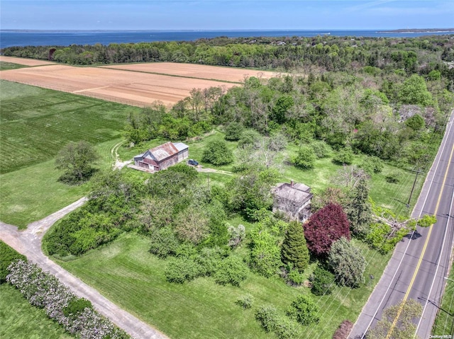 aerial view with a rural view and a water view