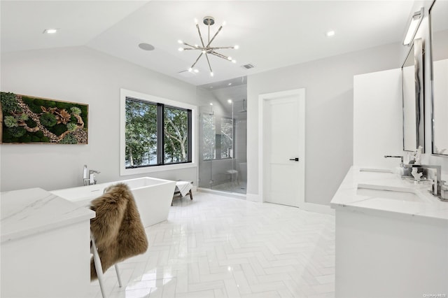 bathroom featuring vanity, a chandelier, plus walk in shower, and vaulted ceiling