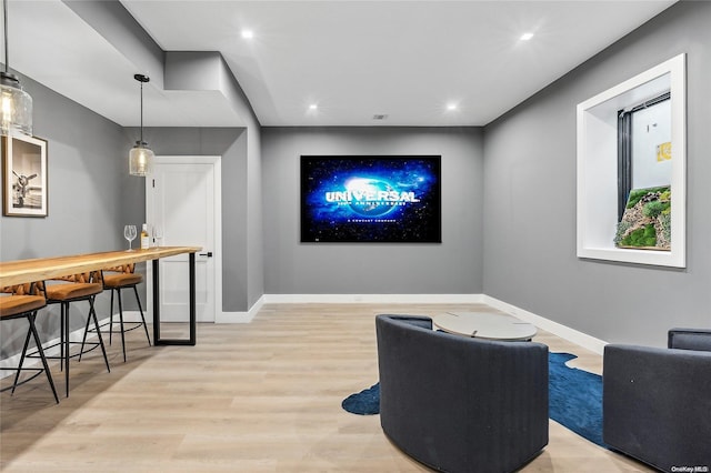 cinema room with light hardwood / wood-style floors