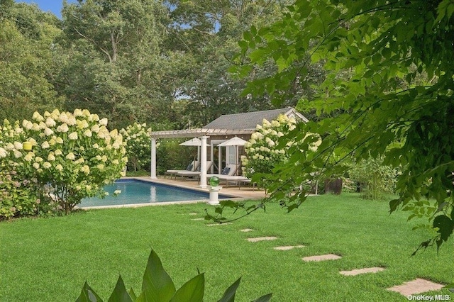 view of pool with a yard and an outdoor structure