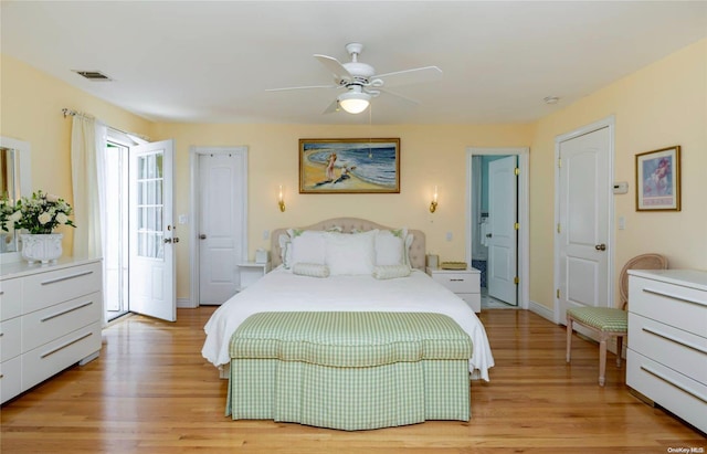 bedroom featuring light hardwood / wood-style flooring and ceiling fan