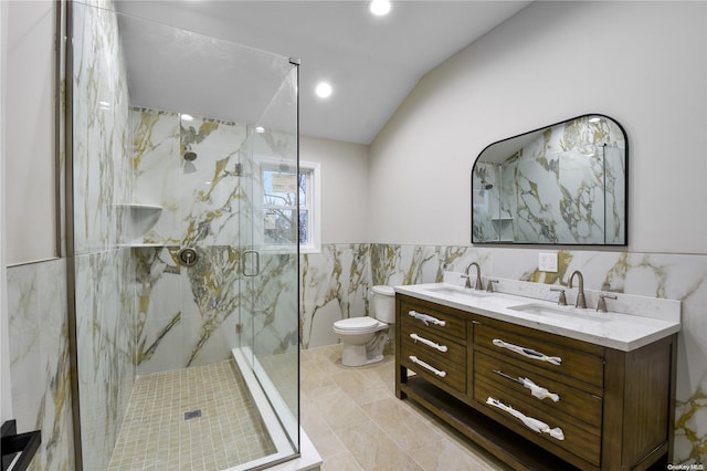 bathroom with toilet, tile walls, lofted ceiling, and a shower with shower door