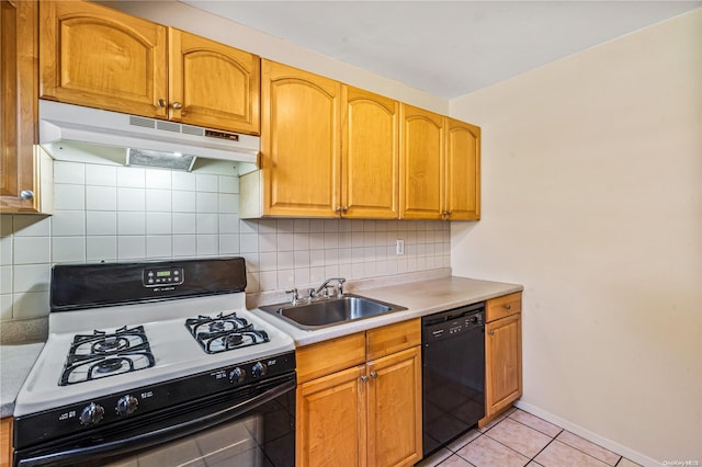 kitchen with decorative backsplash, white gas range, sink, light tile patterned floors, and dishwasher