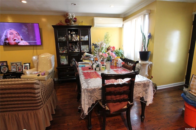 dining area featuring crown molding, dark wood-type flooring, and a wall mounted air conditioner