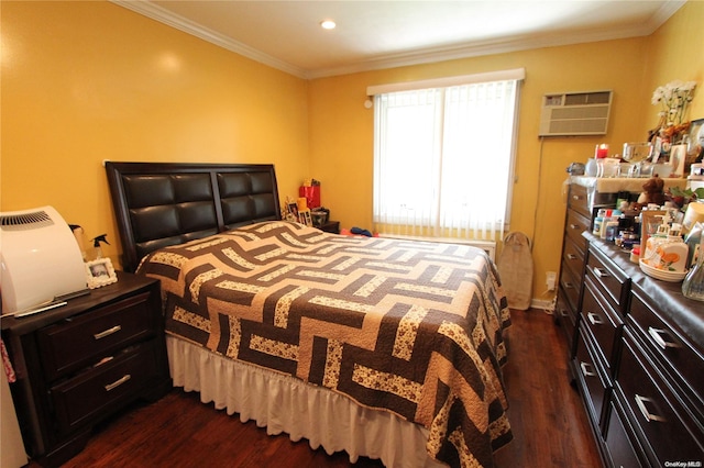 bedroom featuring ornamental molding, dark wood-type flooring, and a wall mounted AC