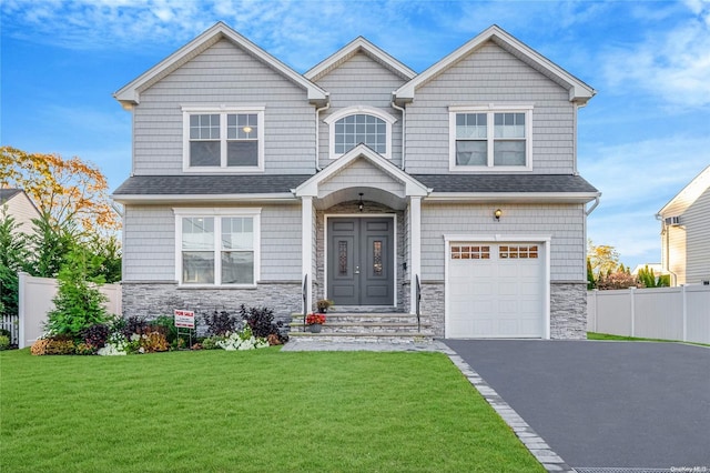 view of front of property featuring a front yard and a garage