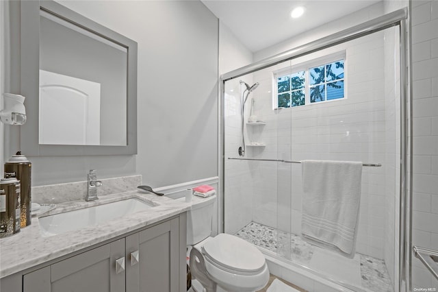 bathroom featuring vanity, toilet, and a shower with shower door