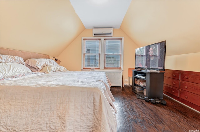 bedroom with a wall unit AC, radiator, lofted ceiling, and dark hardwood / wood-style floors