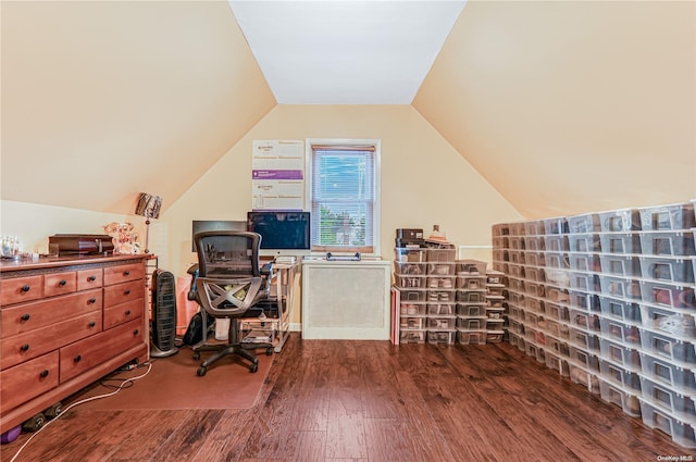 office space with lofted ceiling and hardwood / wood-style flooring