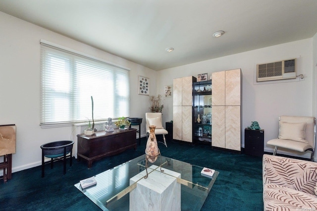 carpeted living room with an AC wall unit