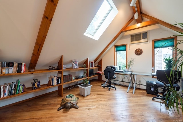 office space with high vaulted ceiling, light wood-type flooring, a baseboard radiator, beamed ceiling, and a wall unit AC