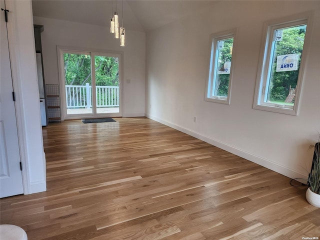 empty room with a healthy amount of sunlight, wood-type flooring, and lofted ceiling