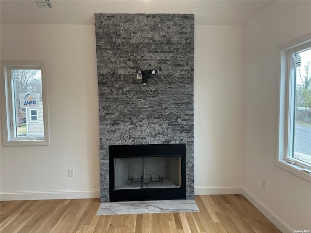 room details with a fireplace and hardwood / wood-style floors