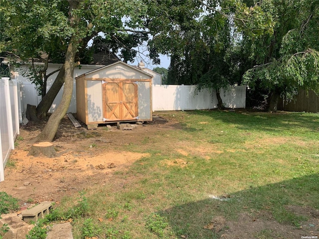 view of yard featuring a storage unit