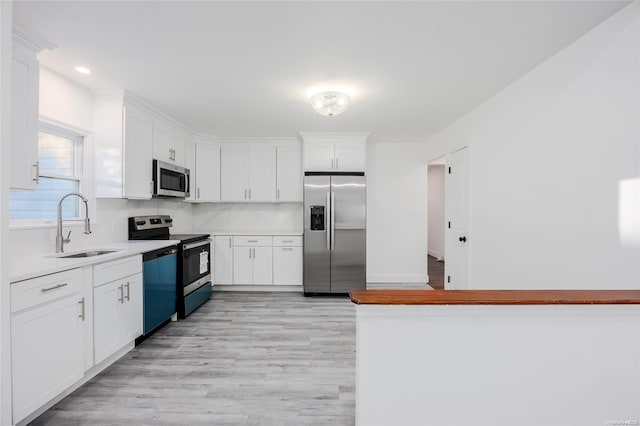 kitchen featuring appliances with stainless steel finishes, light wood-type flooring, backsplash, sink, and white cabinets