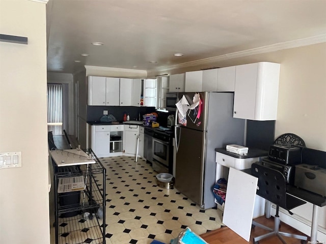 kitchen with sink, stainless steel appliances, backsplash, white cabinets, and ornamental molding