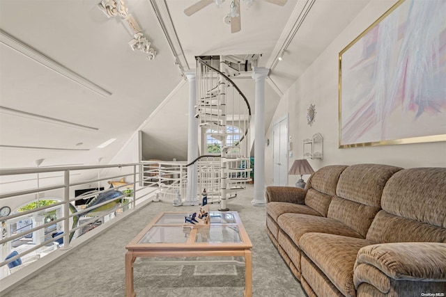 48 S Old Neck Rd, Center Moriches, NY 11934 - living room with ceiling fan, rail lighting, carpet flooring, decorative columns, and a high ceiling
