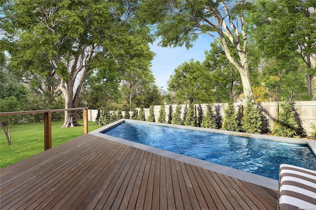 view of swimming pool featuring a yard and a wooden deck