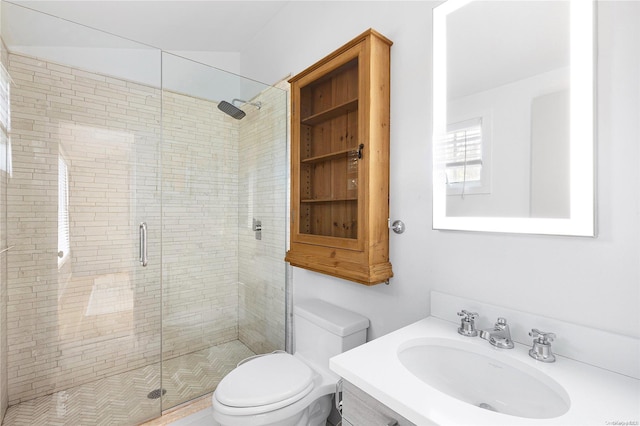 bathroom with vanity, toilet, and an enclosed shower