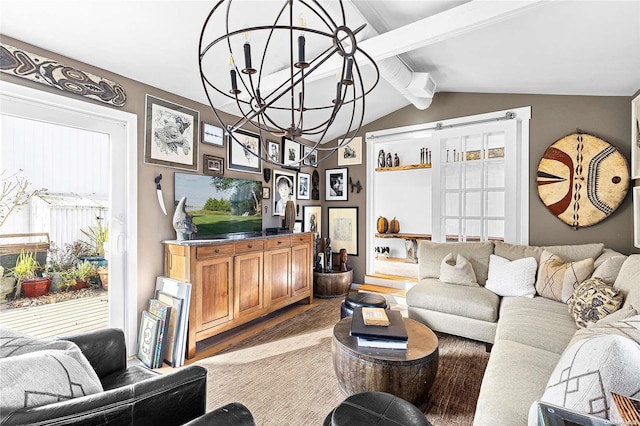 living room featuring wood-type flooring, vaulted ceiling with beams, and a notable chandelier