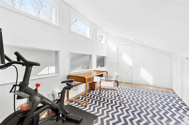 workout room featuring carpet flooring and lofted ceiling