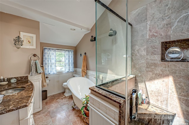 bathroom with vanity, tile patterned floors, vaulted ceiling, separate shower and tub, and tile walls