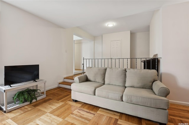 living room with parquet flooring