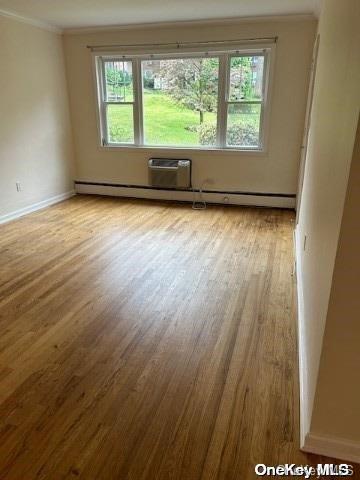 empty room featuring a healthy amount of sunlight, crown molding, a baseboard radiator, and light hardwood / wood-style flooring