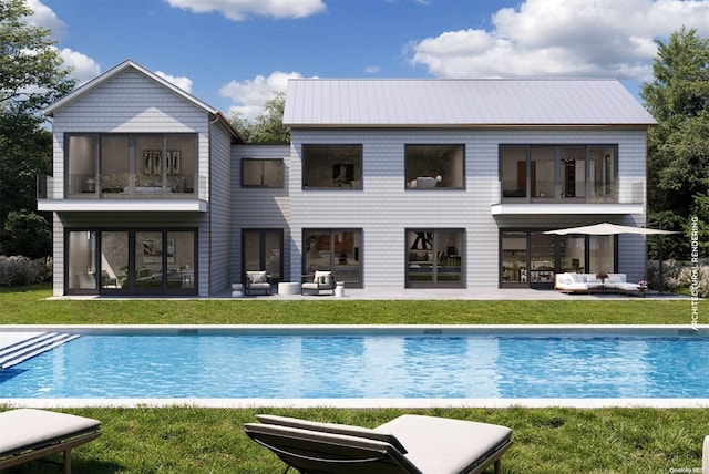 rear view of house with a yard, an outdoor hangout area, and a patio