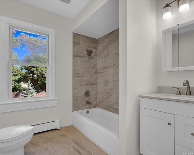 2 Oak Ct, Staten Island, NY 10308 - full bath featuring a baseboard radiator, vanity, toilet, marble look tile flooring, and shower / washtub combination