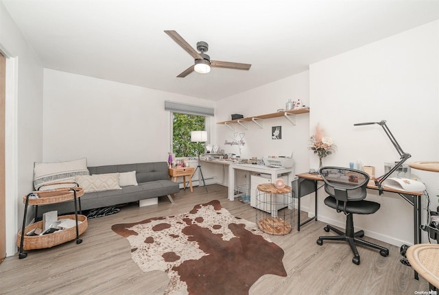 office area featuring light wood-type flooring, ceiling fan, and a baseboard radiator