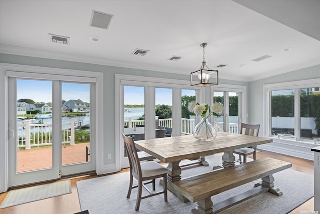 dining space featuring a water view, a wealth of natural light, and light hardwood / wood-style floors