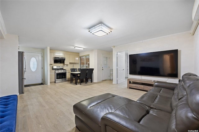 living room with ornamental molding and light hardwood / wood-style flooring