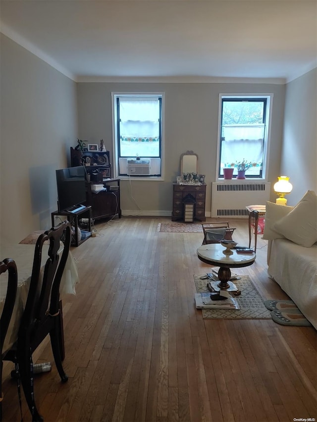 living room featuring radiator, cooling unit, and wood-type flooring