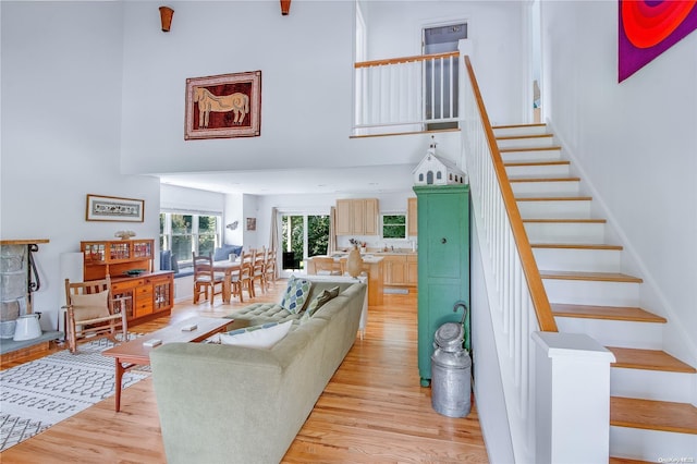 living room with light hardwood / wood-style floors and a high ceiling