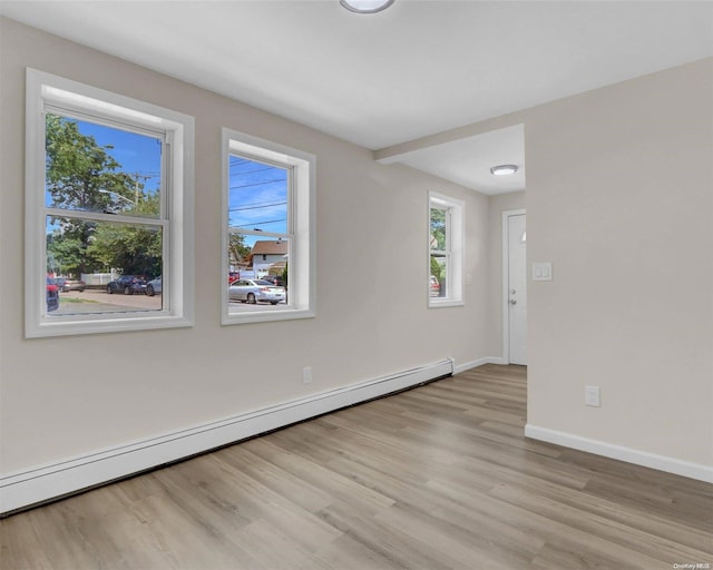 unfurnished room with light hardwood / wood-style flooring and a baseboard radiator