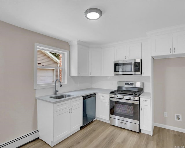 kitchen featuring sink, baseboard heating, appliances with stainless steel finishes, light hardwood / wood-style floors, and white cabinetry