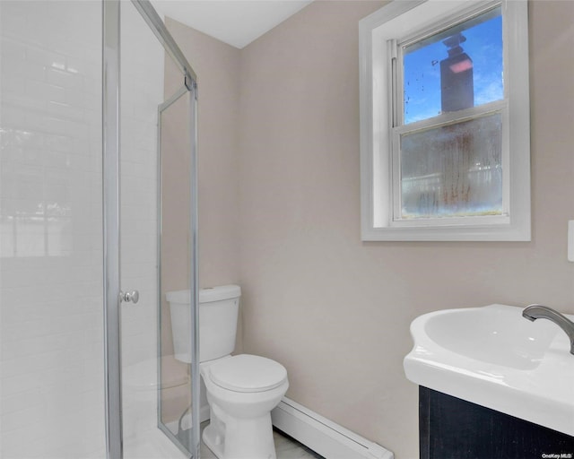 bathroom with baseboard heating, vanity, walk in shower, and toilet