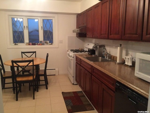 kitchen featuring sink, light tile patterned floors, white appliances, and a baseboard heating unit