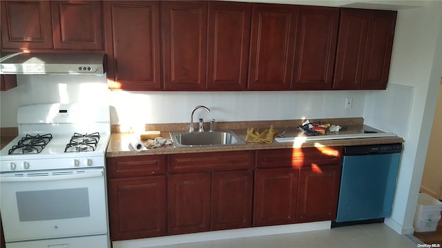 kitchen featuring dishwasher, white gas stove, light stone countertops, and sink