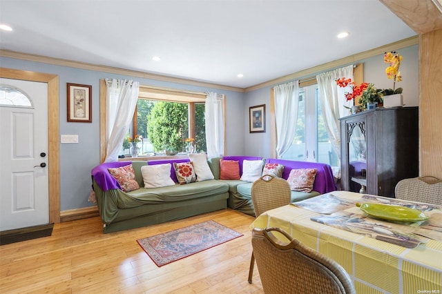 living room featuring plenty of natural light, light hardwood / wood-style floors, and crown molding