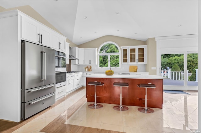 kitchen with a kitchen bar, a center island, lofted ceiling, and appliances with stainless steel finishes