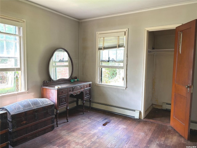 office space with baseboard heating, a wealth of natural light, and dark hardwood / wood-style floors