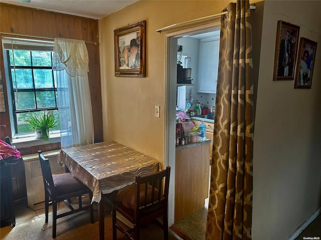 carpeted dining space featuring a textured ceiling