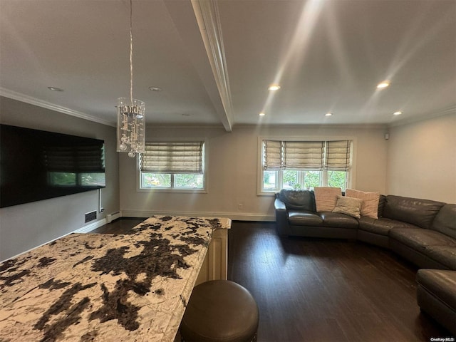 living room featuring beam ceiling, dark hardwood / wood-style floors, and ornamental molding