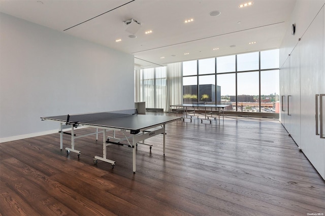 recreation room featuring hardwood / wood-style flooring and a wall of windows